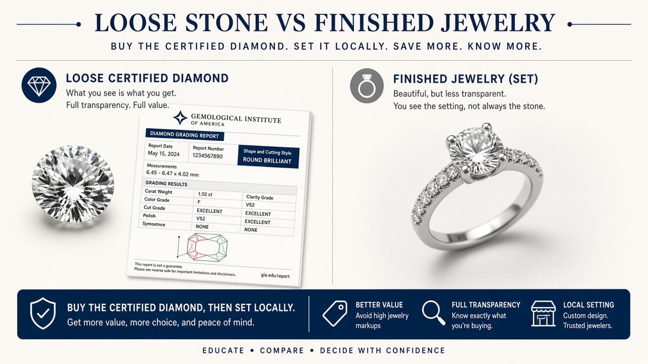 Loose diamond next to a finished ring setting