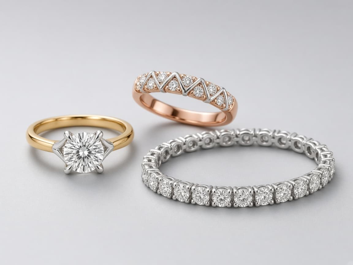Women’s diamond rings with V-prongs in yellow gold, rose gold, and platinum, plus a tennis bracelet