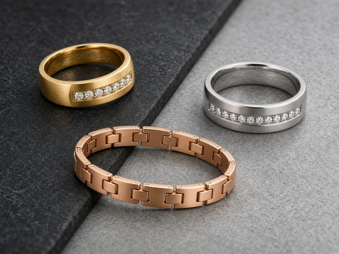 Men’s diamond bands and bracelet in yellow gold, platinum, and rose gold