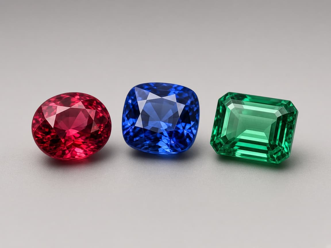 Loose ruby, sapphire, and emerald gemstones on a soft gray backdrop