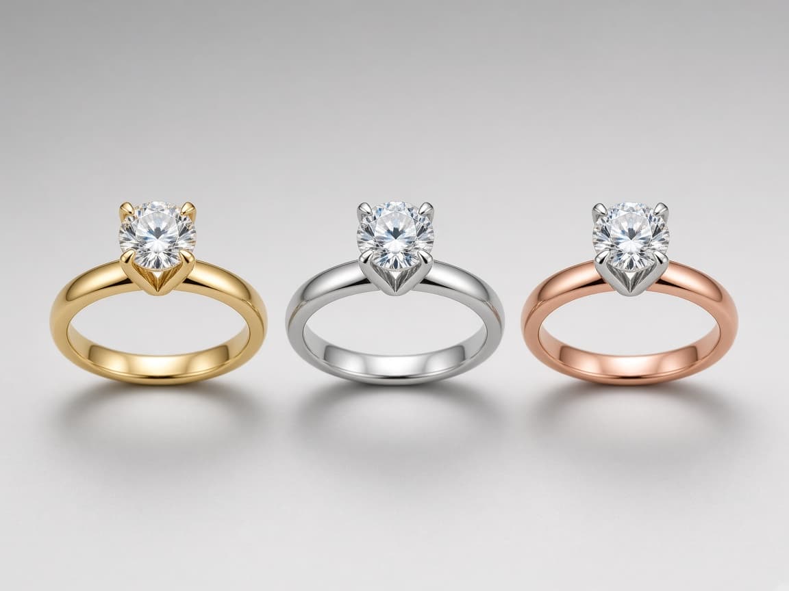 Diamond solitaire rings with open V-shaped prongs in yellow gold, platinum, and rose gold with white gold prongs