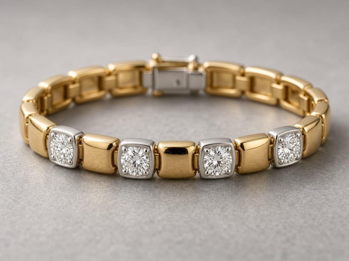 Men’s yellow gold bracelet with white gold diamond stations