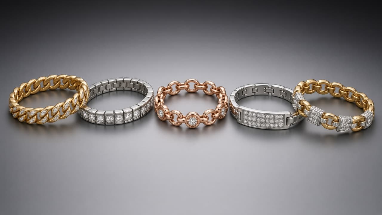 Men’s diamond bracelet styles — curb links, channel-set, diamond stations, and two-tone options in yellow gold, rose gold, and platinum