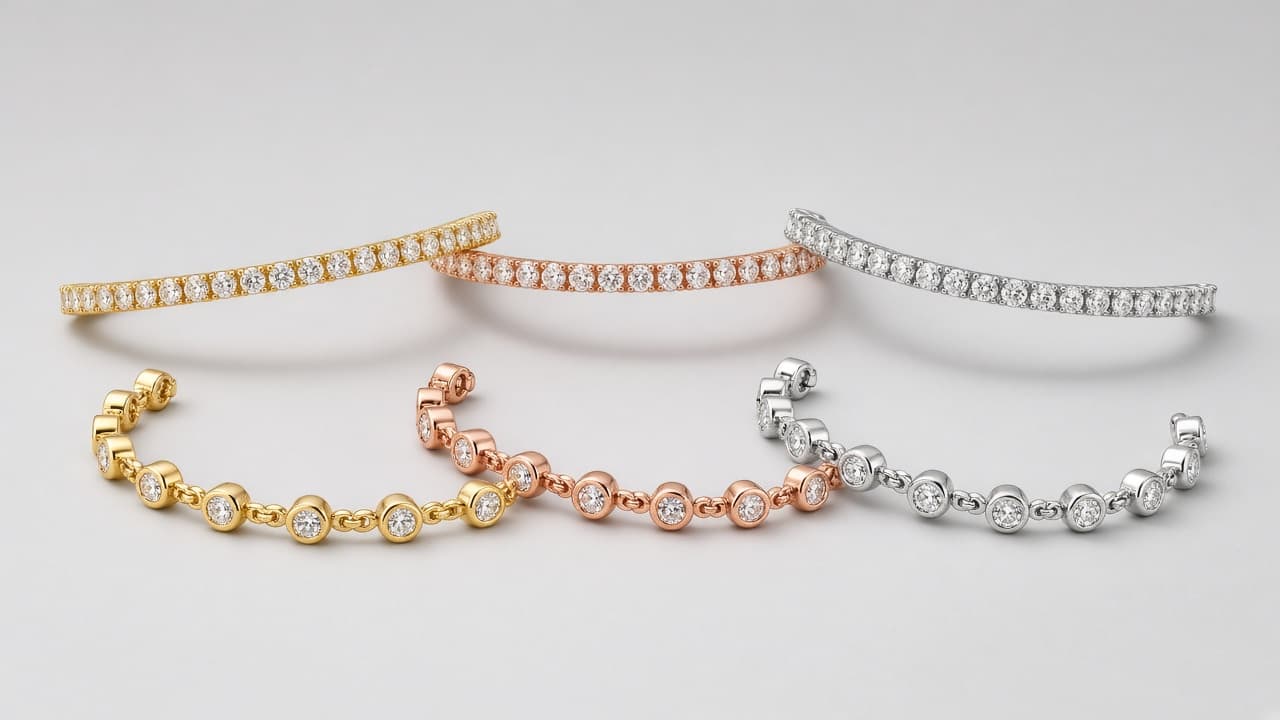 Women’s diamond bangles and bezel station bracelets in yellow gold, rose gold, and platinum