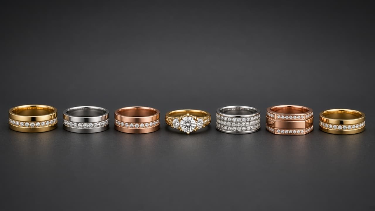Men’s diamond bands in yellow gold, platinum, and rose gold