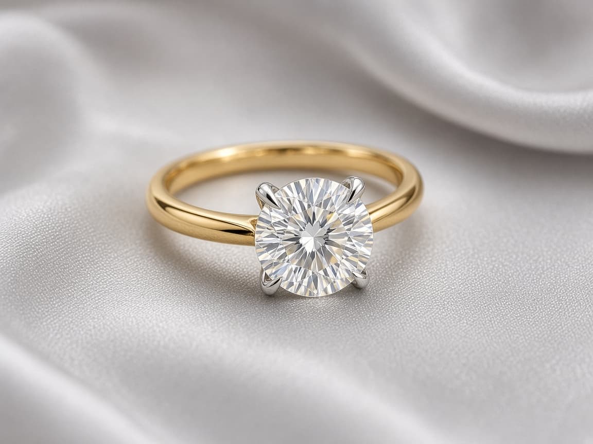 Yellow gold diamond solitaire with white gold V-shaped prongs for maximum diamond visibility