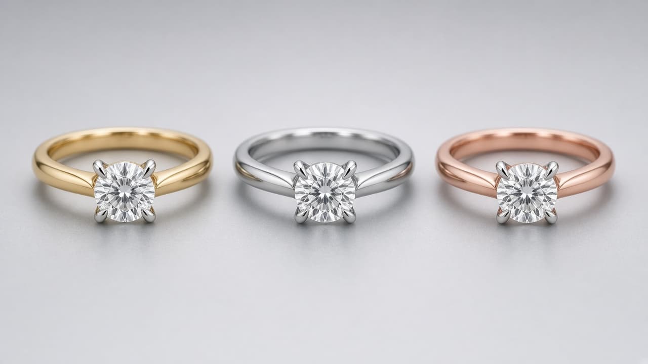 Women’s diamond engagement rings with V-shaped prongs, including yellow gold with white gold prongs