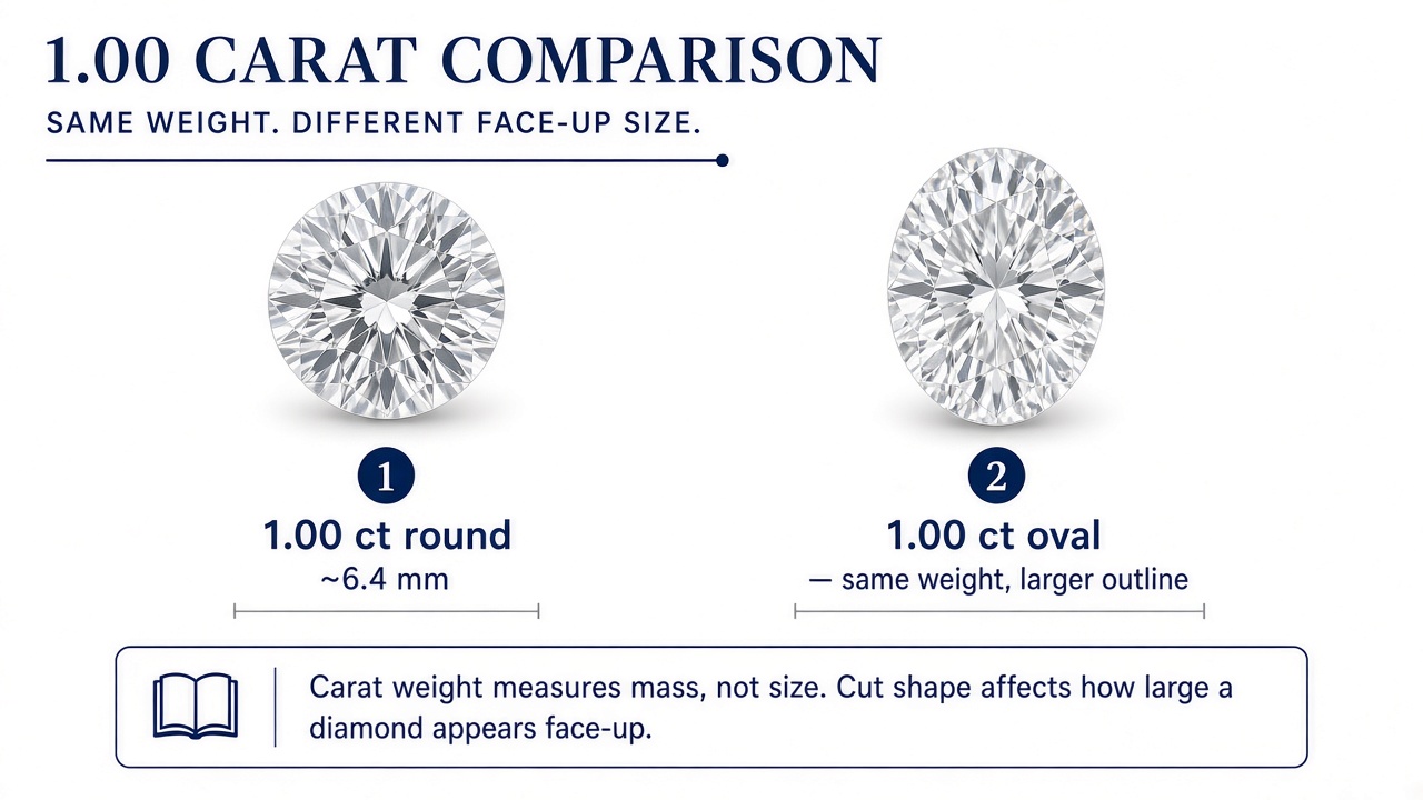 1 carat round diamond versus 1 carat oval diamond showing the oval looks larger face-up at the same carat weight