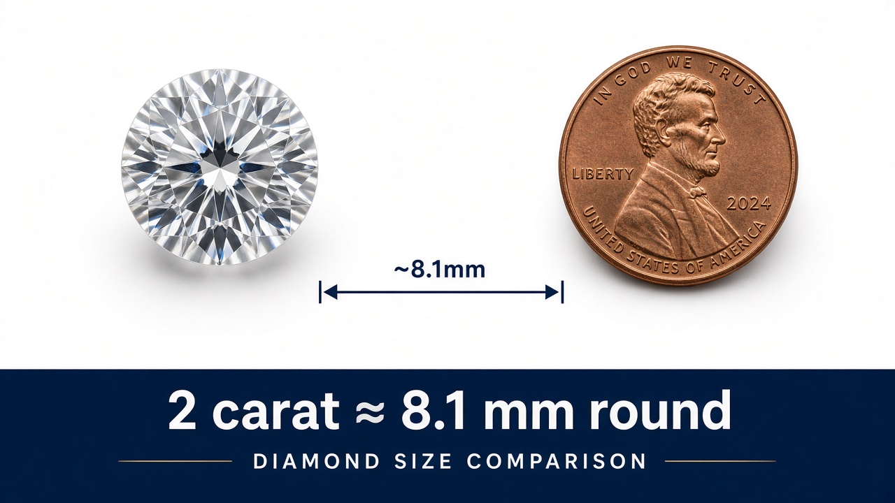 2 carat round diamond next to a US penny about 8.1 mm wide