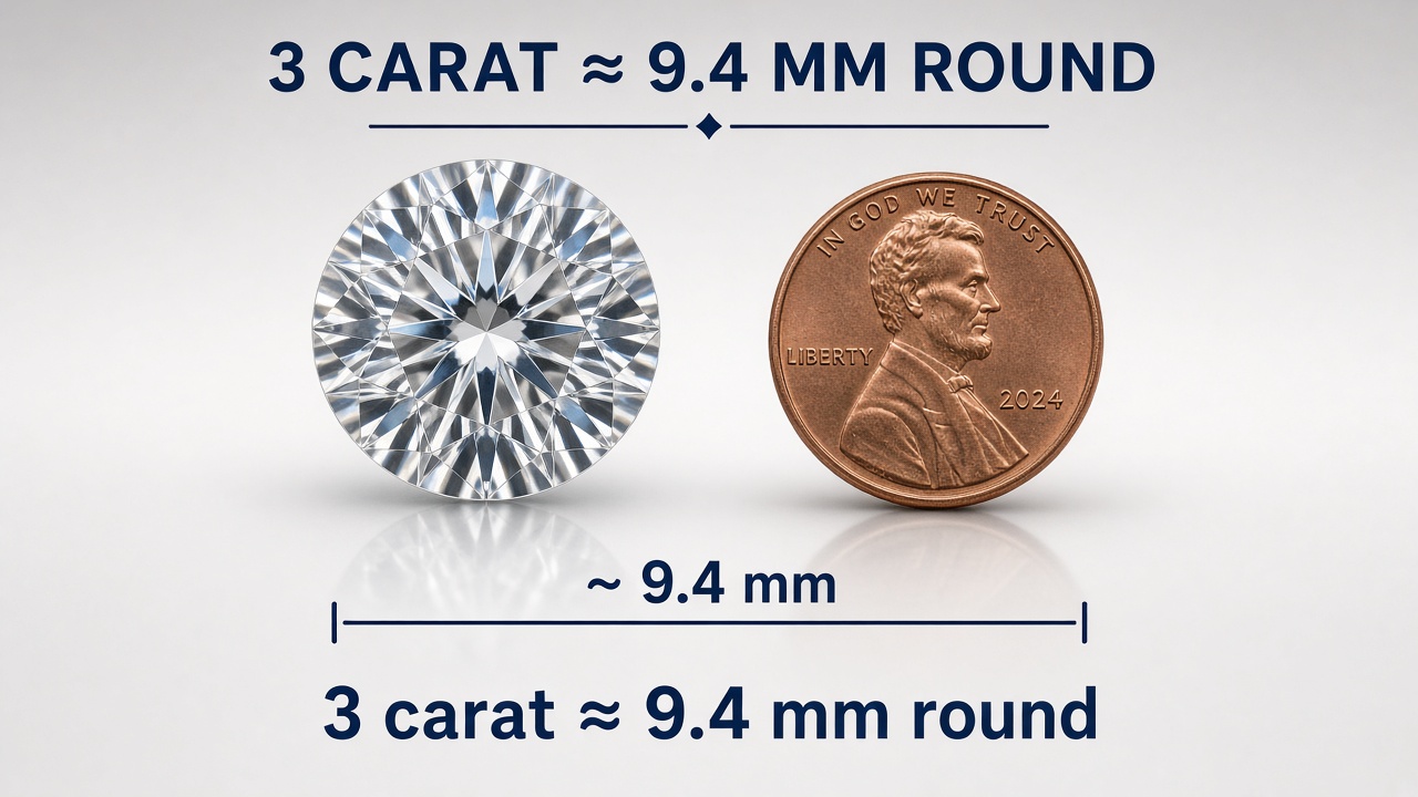 3 carat round diamond size next to a US penny about 9.4 mm wide