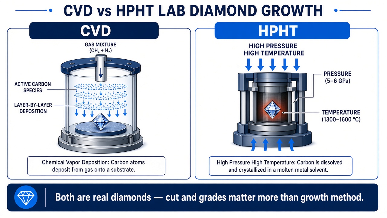 CVD vs HPHT lab-grown diamonds diagram: chemical vapor deposition versus high-pressure high-temperature growth
