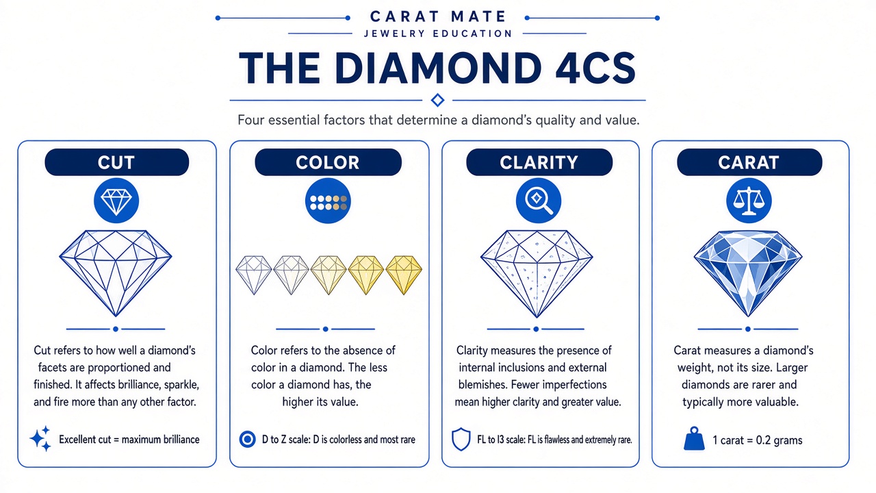 Diamond 4Cs infographic: cut, color, clarity, and carat grades on a certified lab report