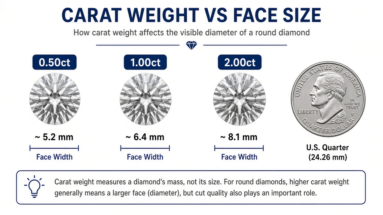 Diamond carat size comparison of 0.50 ct, 1.00 ct, and 2.00 ct round diamonds with millimeter widths