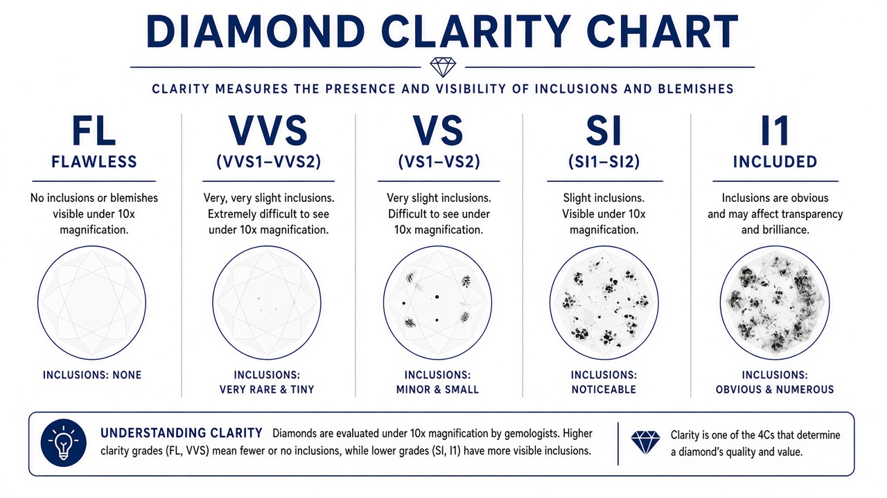 Diamond clarity chart from FL to I1 showing inclusion visibility under 10x magnification versus eye-clean look
