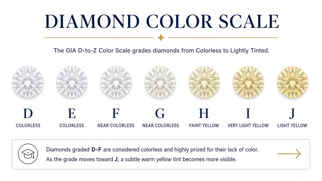 Diamond color scale from D colorless through J near-colorless showing increasing yellow warmth