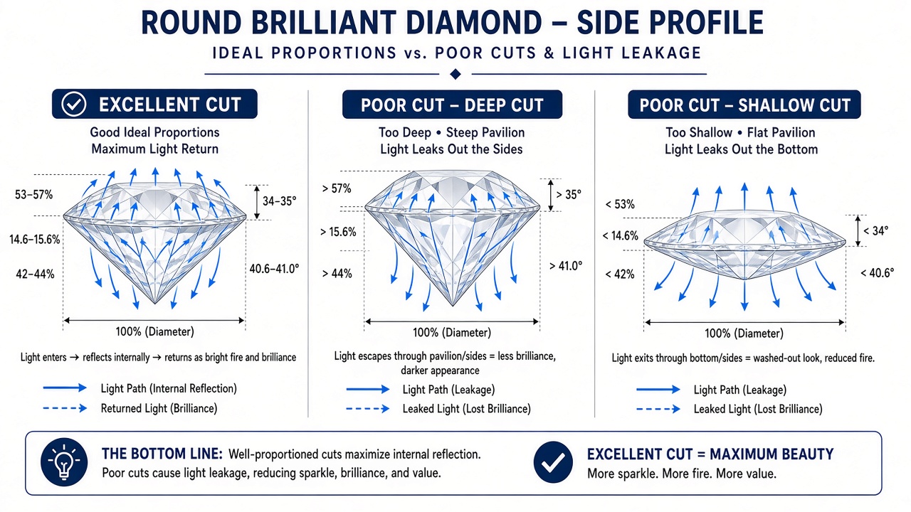 Diamond cut comparison chart of Ideal and Excellent proportions versus deep and shallow cuts that leak light