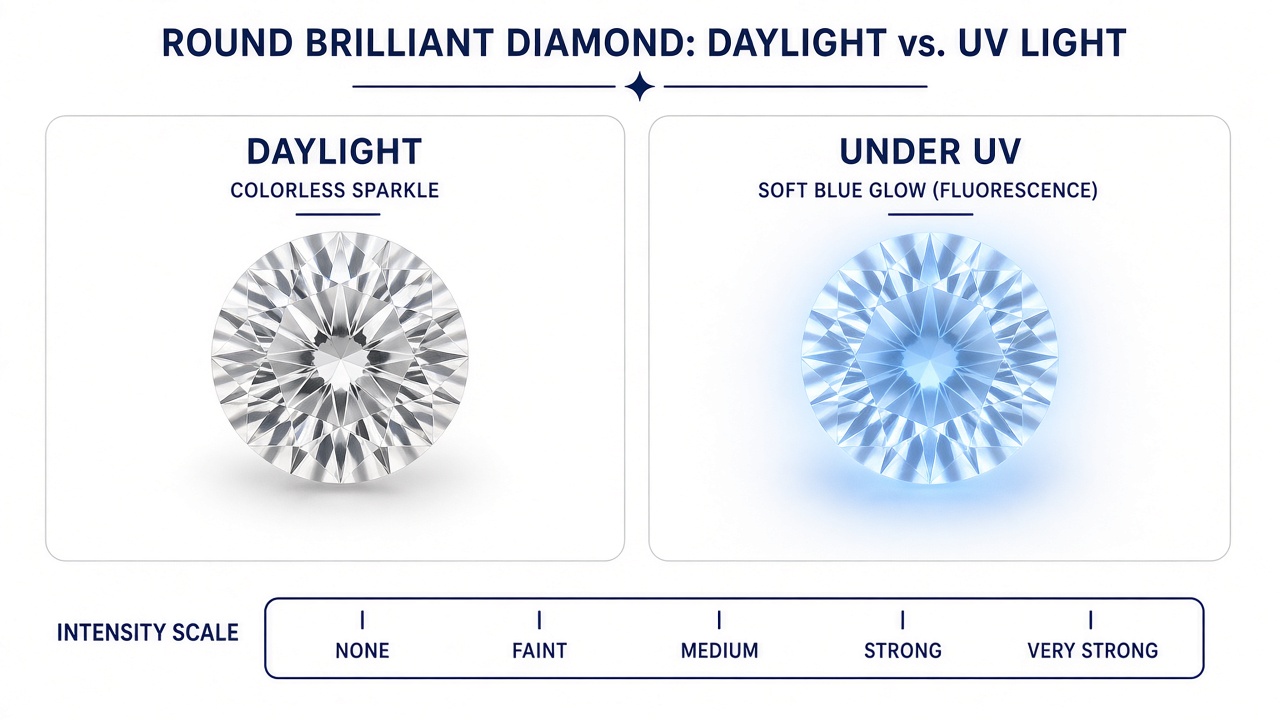Diamond fluorescence grades from None to Very Strong, comparing daylight look versus UV blue glow