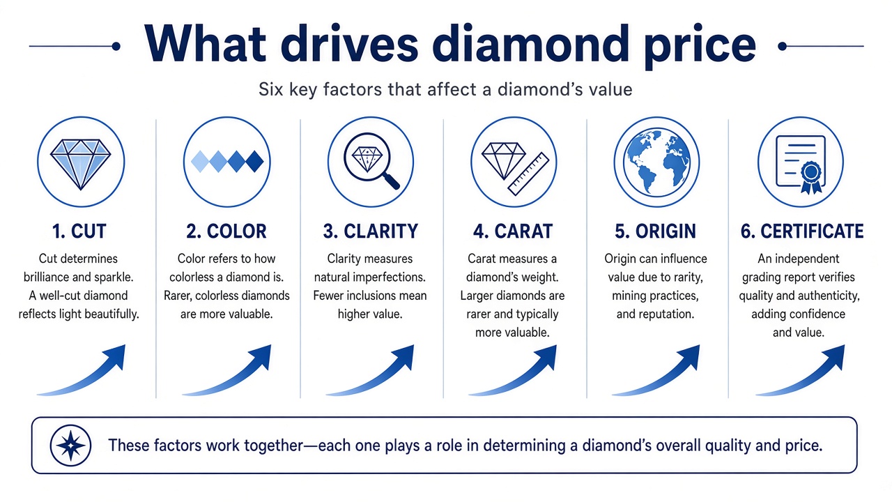 What drives diamond prices: cut, color, clarity, carat, origin, and certificate