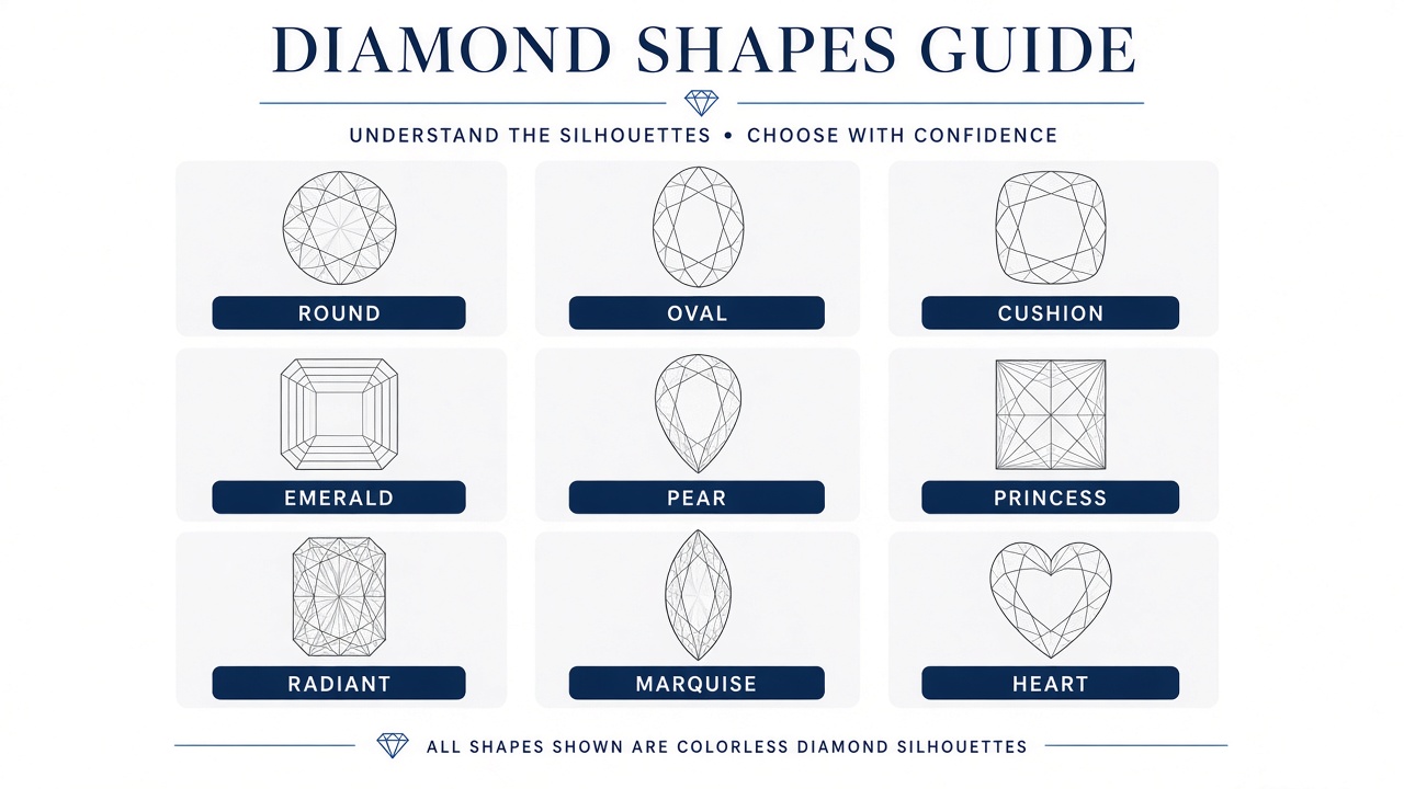 Diamond shapes comparison chart including round, oval, cushion, emerald, pear, princess, and other outlines