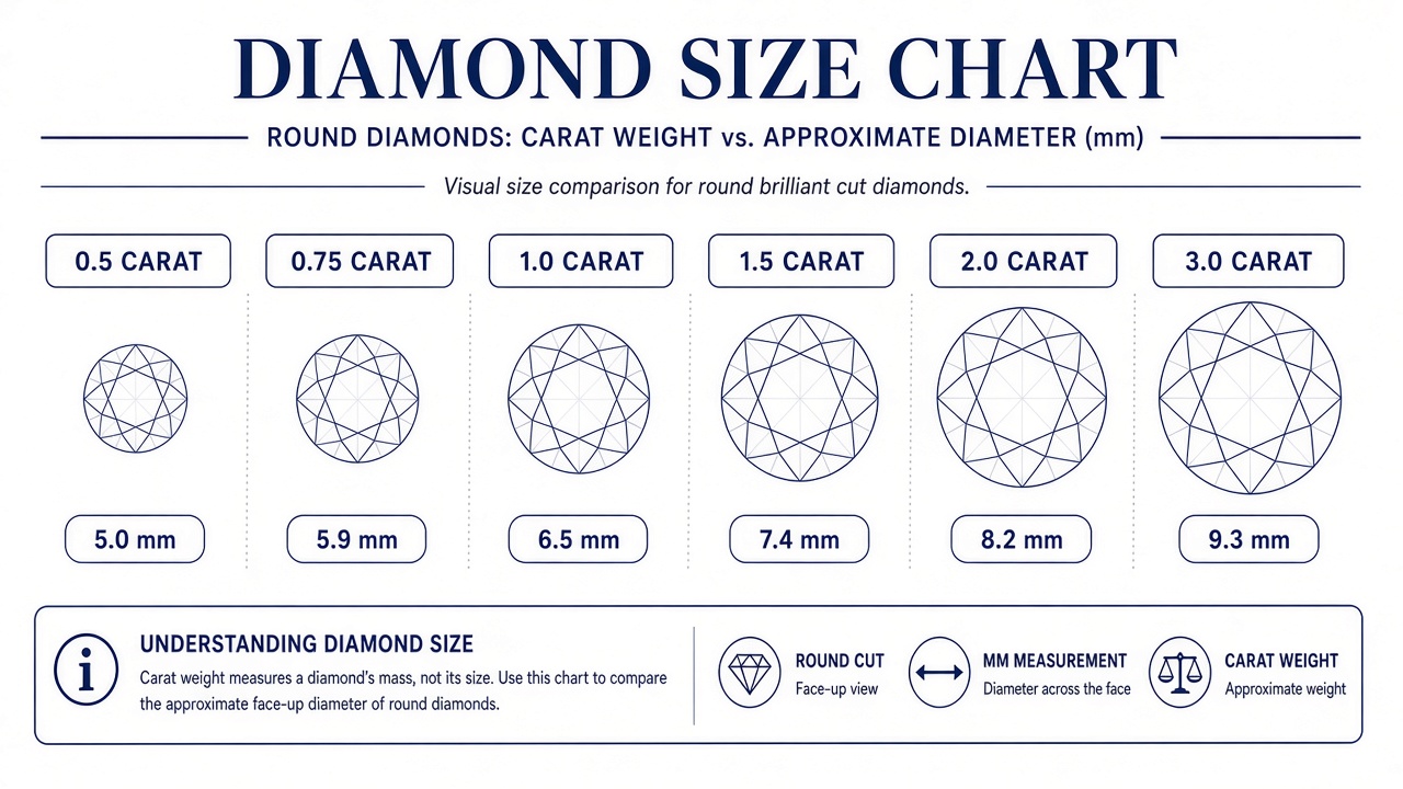 Diamond size chart with round outlines from 0.5 to 3.0 carats and millimeter labels
