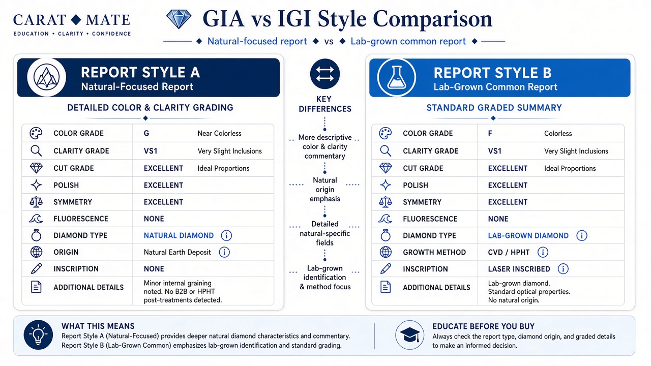 GIA vs IGI diamond certificates compared side by side with typical grading report fields