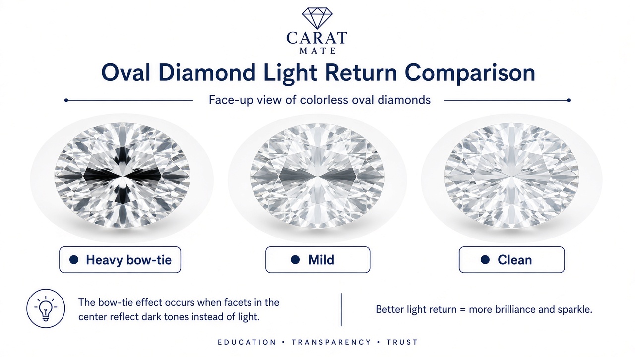 Oval diamond bow-tie comparison: heavy, mild, and clean light patterns across the center