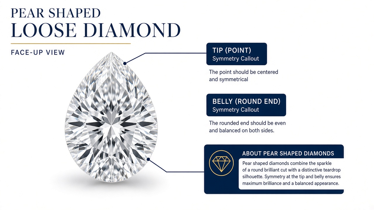Pear shaped loose diamond face-up showing point and belly symmetry