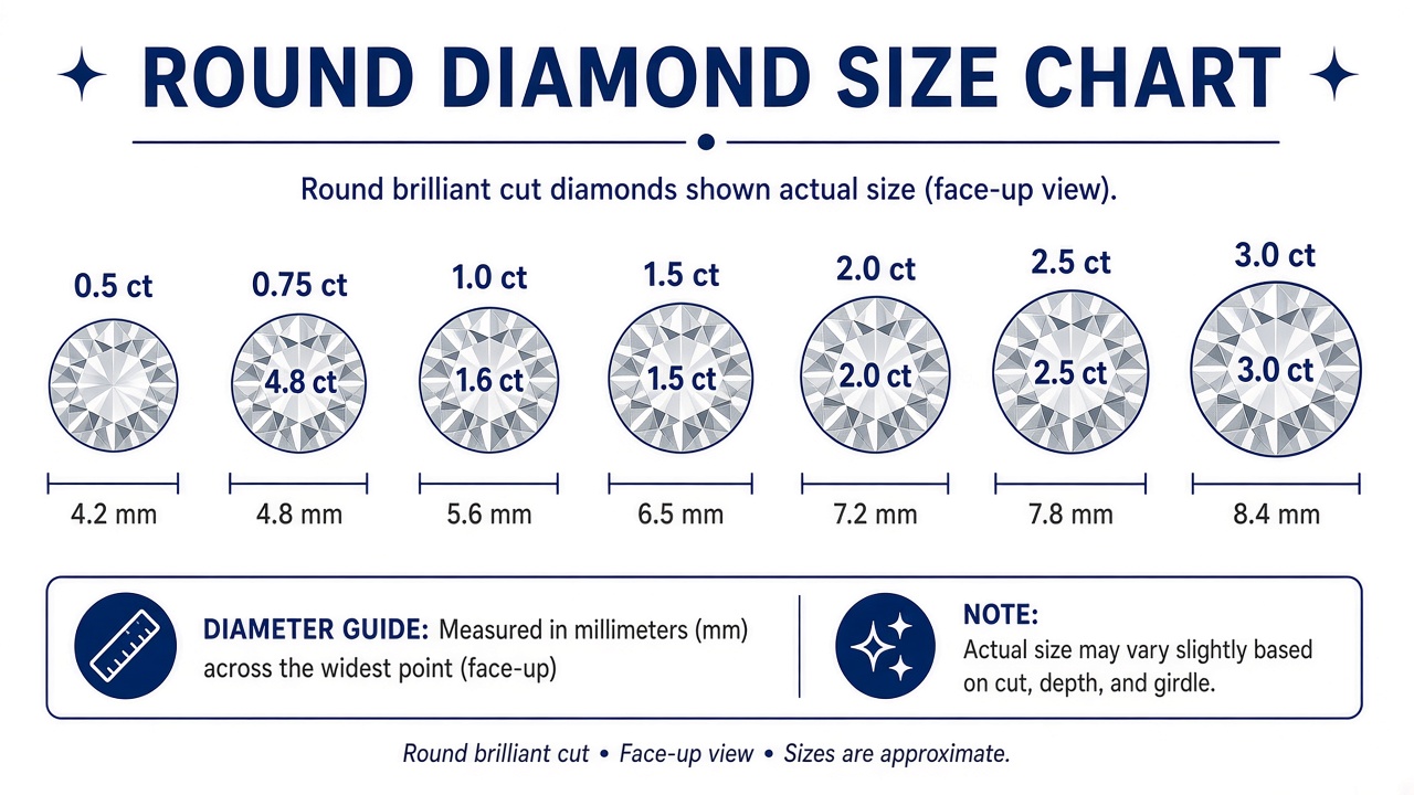 Round diamond outlines showing how cut and carat affect face-up size