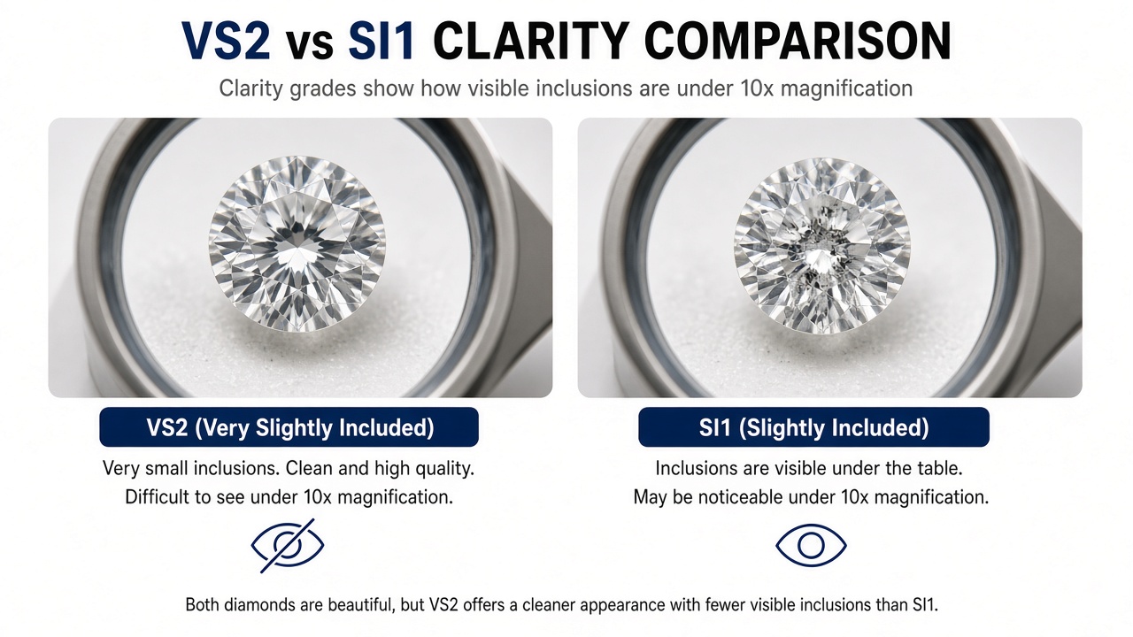 VS2 vs SI1 diamond clarity comparison showing inclusion visibility